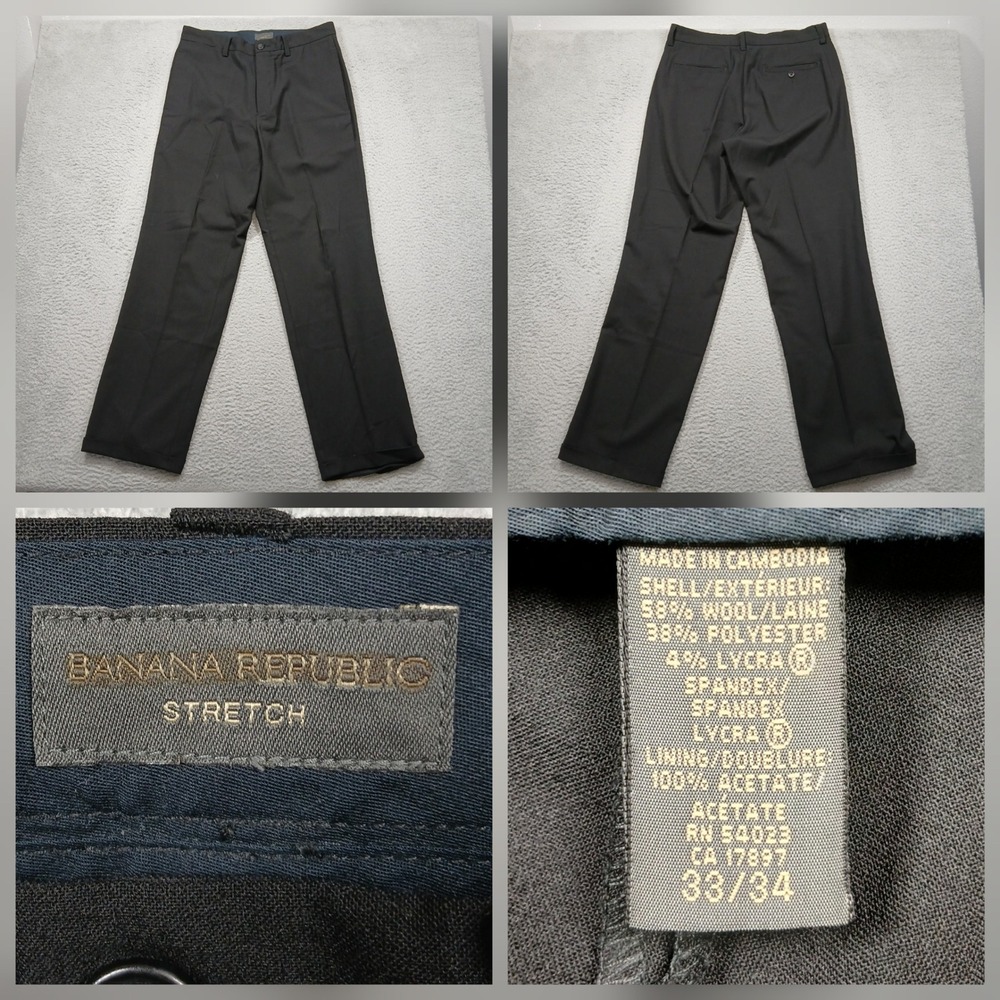Banana Republic Stretch Dress Pants Men 33x34 Black Wool Blend